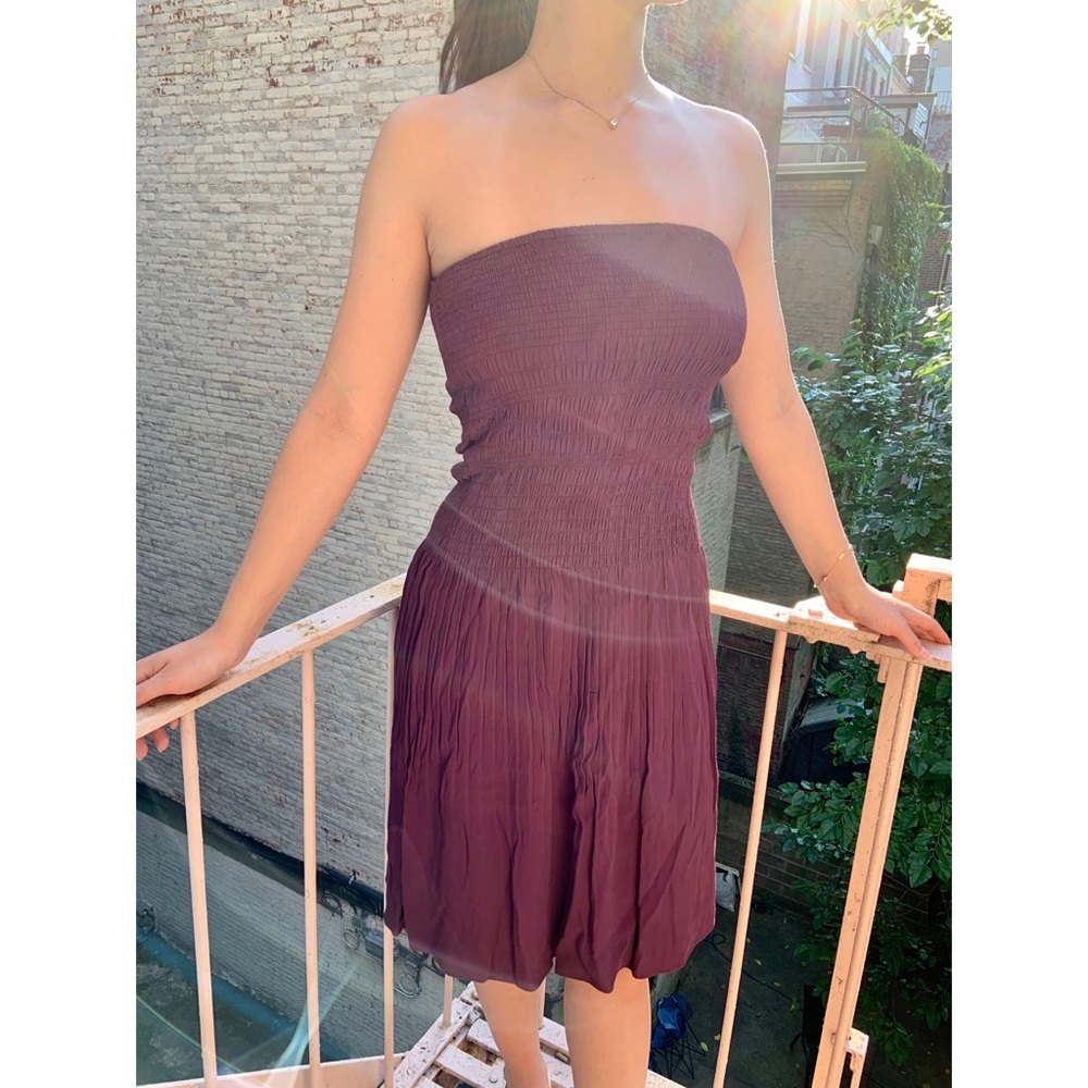 Olivaceous Strapless Drop Waist Plum Smock Dress